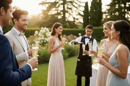 Guests at garden party holding champagne flutes with waiter