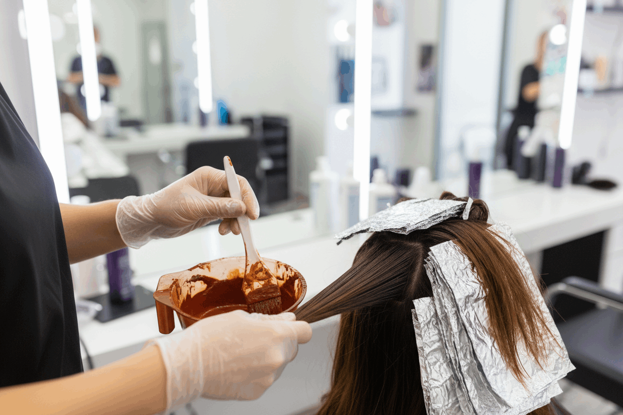 Hairdresser wearing clear vinyl gloves applying hair colour in salon