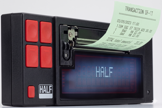 Black hale taxi printer with red buttons and a digital display, featuring a printed receipt. 
