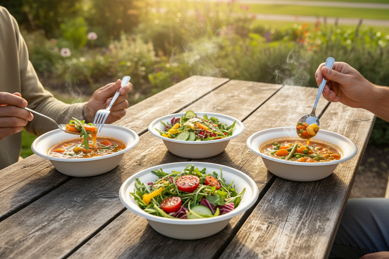 Hands eating soups and salads from wide rim bagasse bowls on wooden picnic table
