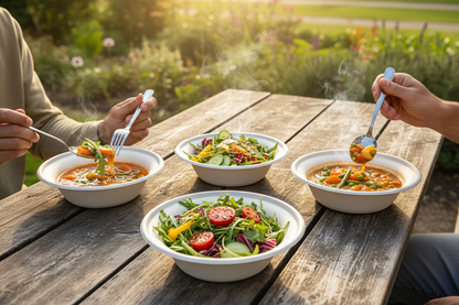 Hands eating soups and salads from wide rim bagasse bowls on wooden picnic table