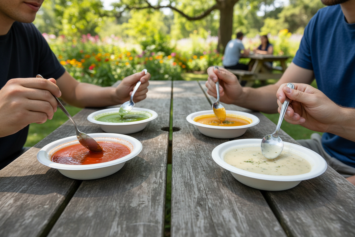 Hands holding spoons eating colorful soups from bagasse bowls on wooden picnic table