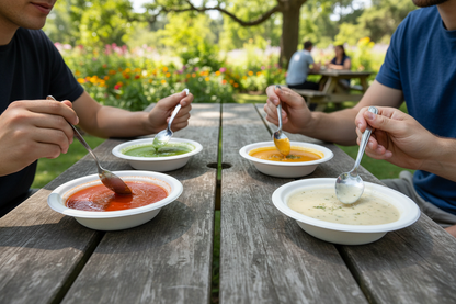 Hands holding spoons eating colorful soups from bagasse bowls on wooden picnic table