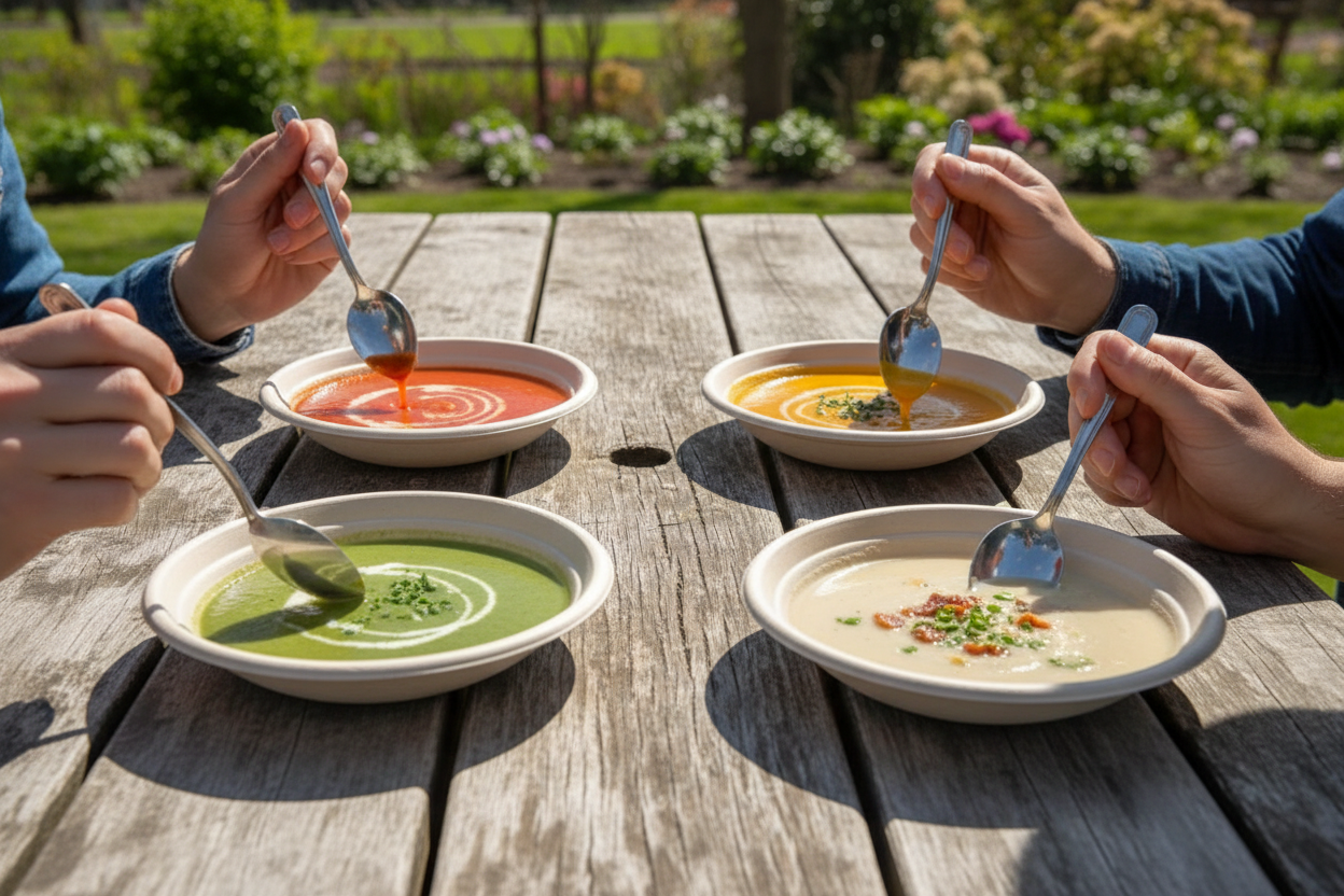 Hands holding spoons eating colorful soups from pulp bowls on wooden picnic table