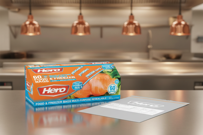 Hero 3.8L Food & Freezer Bags box and individual bag on stainless steel commercial kitchen counter