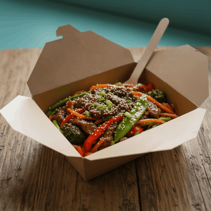 Kraft No.3 biobox container with Asian beef stir-fry vegetables for Irish takeaway and catering