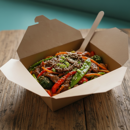 Kraft No.3 biobox container with Asian beef stir-fry vegetables for Irish takeaway and catering