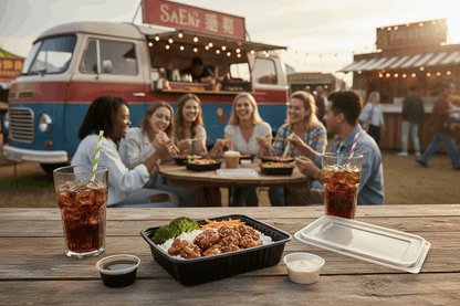 Japanese teriyaki chicken in black container with sauces, cola and friends at festival