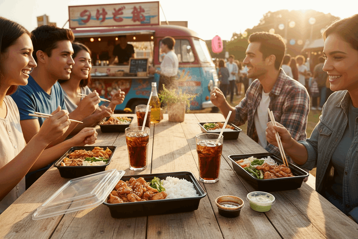 Japanese teriyaki chicken in black container with sauces, cola and friends at festival
