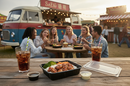 Japanese teriyaki chicken in black container with sauces, cola and friends at festival