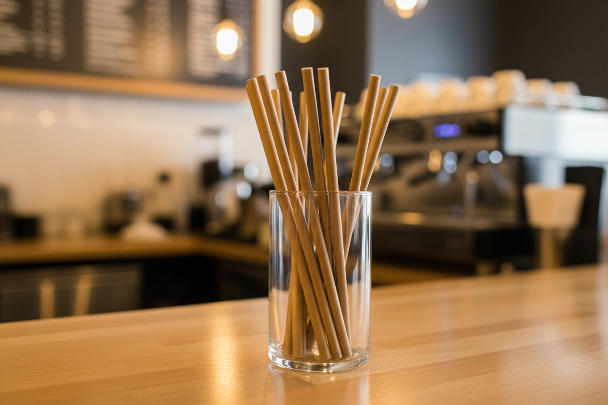Kraft Bamboo Paper Straws in cafe container