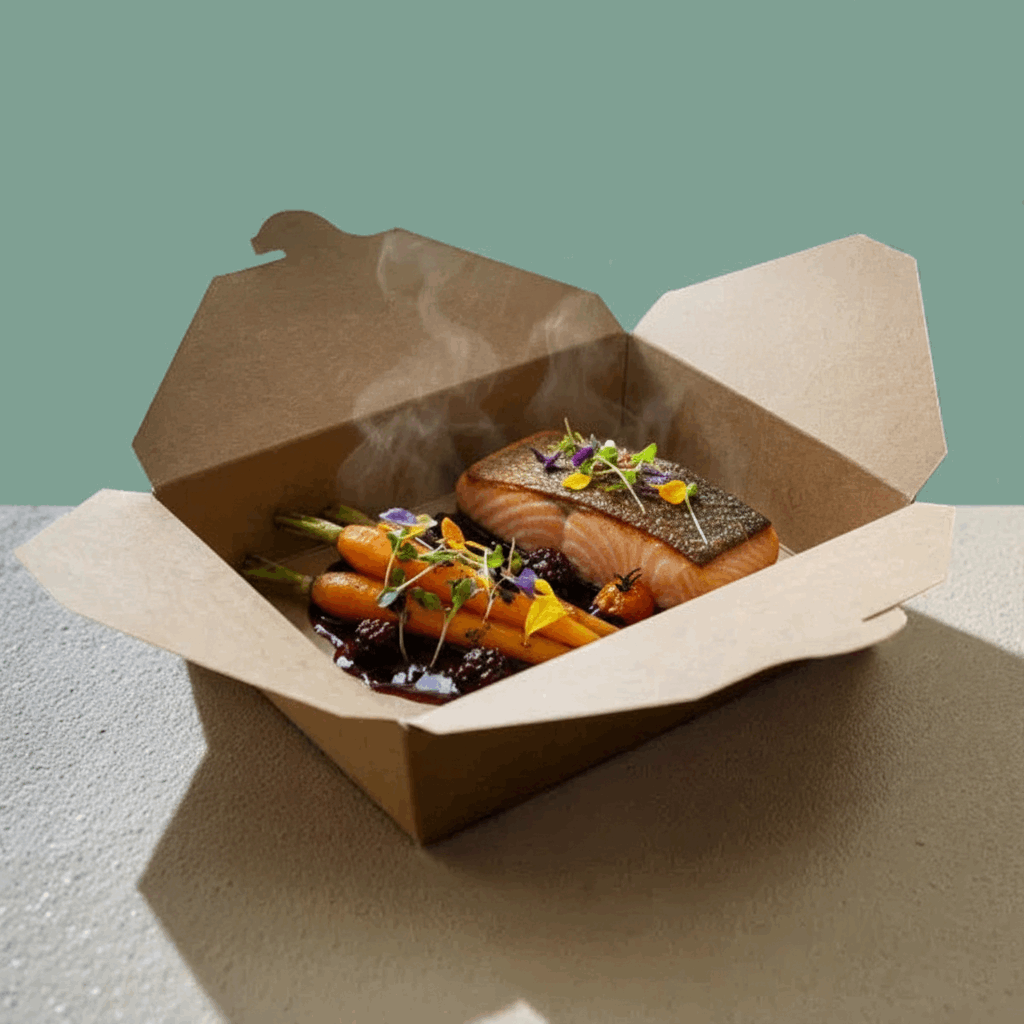 Kraft biobox container with gourmet salmon and vegetables