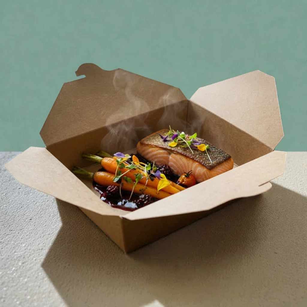 Kraft biobox container with gourmet salmon and vegetables