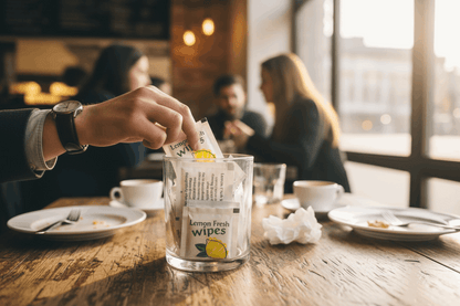 Lemon fresh wipes in glass container at busy cafe