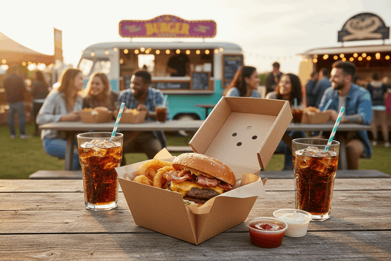 Loaded burger meal box with onion rings, cola and friends at festival