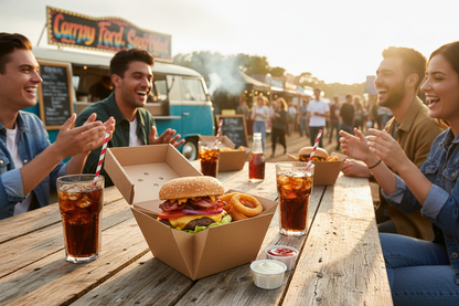 Loaded burger meal box with onion rings, cola and friends at festival