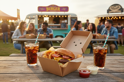 Loaded burger meal box with onion rings, cola and friends at festival