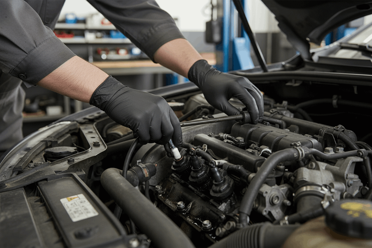 Mechanic wearing black nitrile gloves working on car engine
