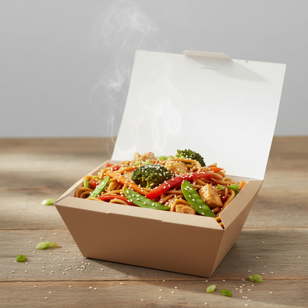 Medium kraft nested box with Asian noodles on wooden table