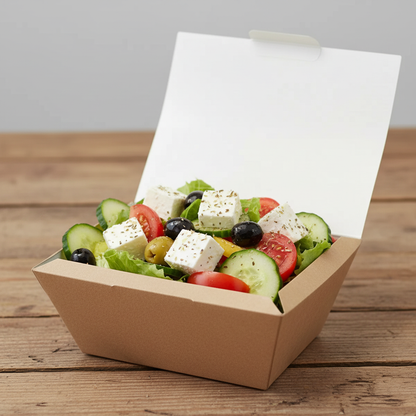 Medium kraft nested box with Greek salad on wooden table