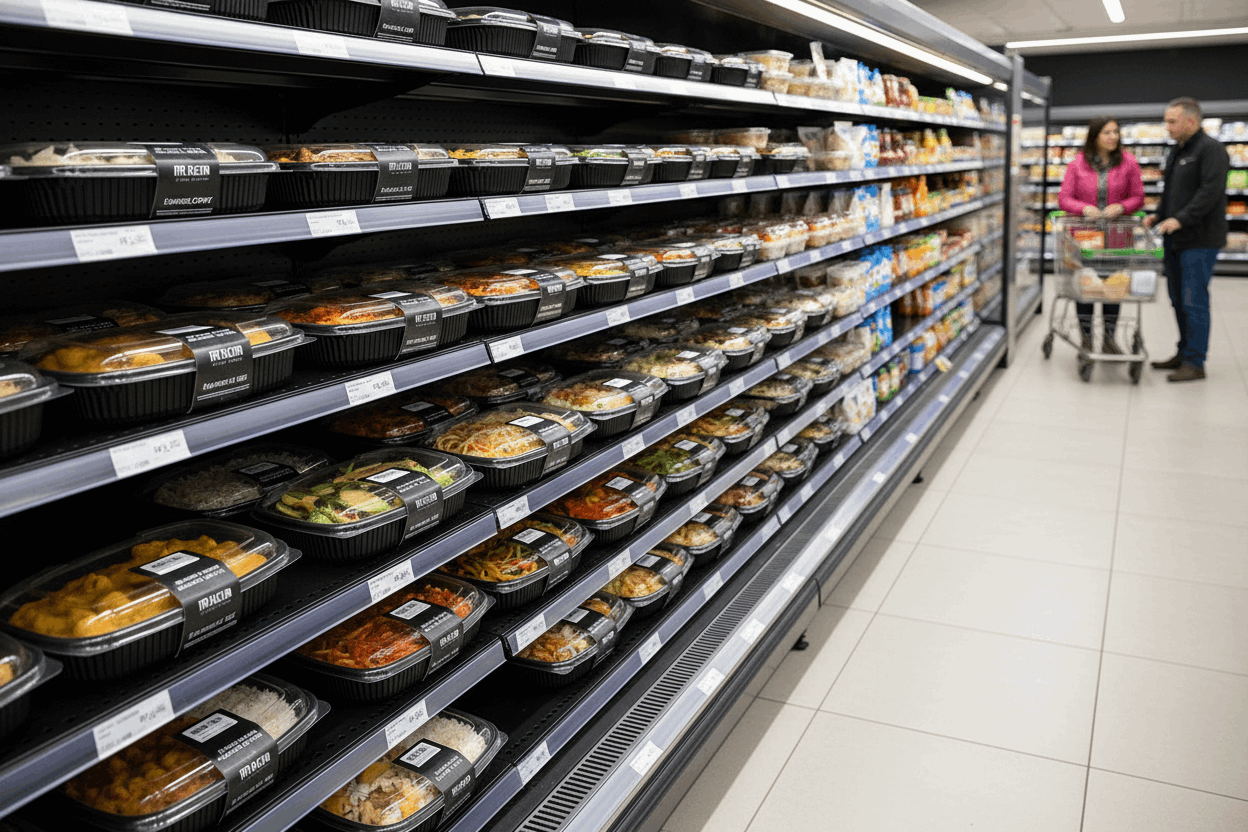 Multiple shelves of 34oz microwavable ready meals in Irish supermarket
