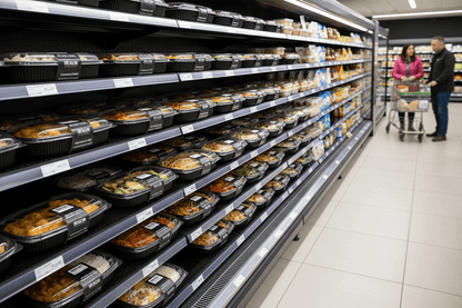 Multiple shelves of 34oz microwavable ready meals in Irish supermarket