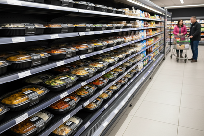 Multiple shelves of 34oz microwavable ready meals in Irish supermarket