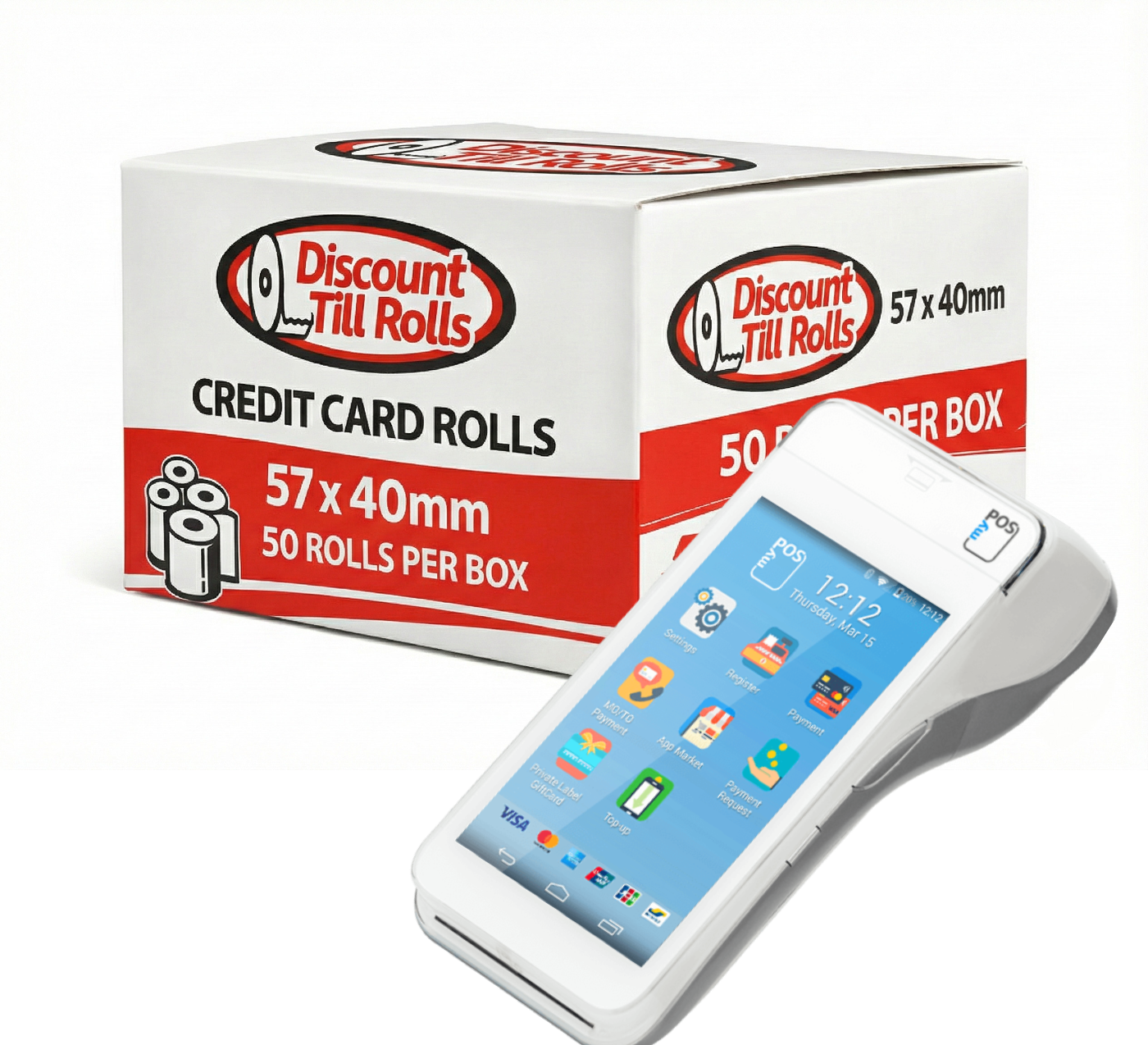 Discount Till Rolls branded box of myPOS Smart credit card rolls with the myPOS Smart terminal in front on a white background