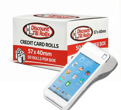 Discount Till Rolls branded box of myPOS Smart credit card rolls with the myPOS Smart terminal in front on a white background