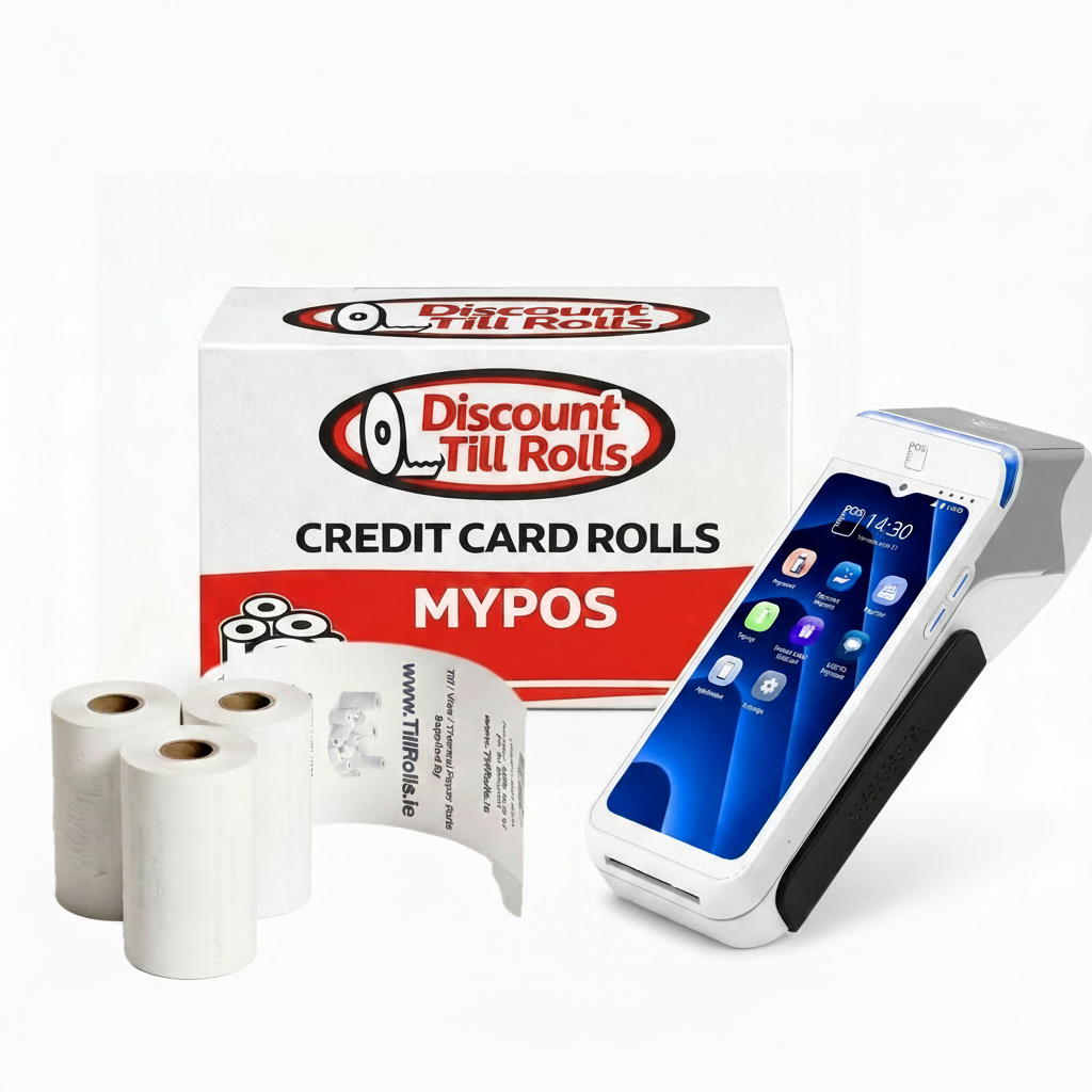 myPOS Ultra Product Shot  with branded discount till rolls box and branded rolls