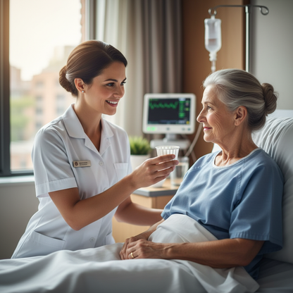 Nurse handing medication in soufflé cup to patient