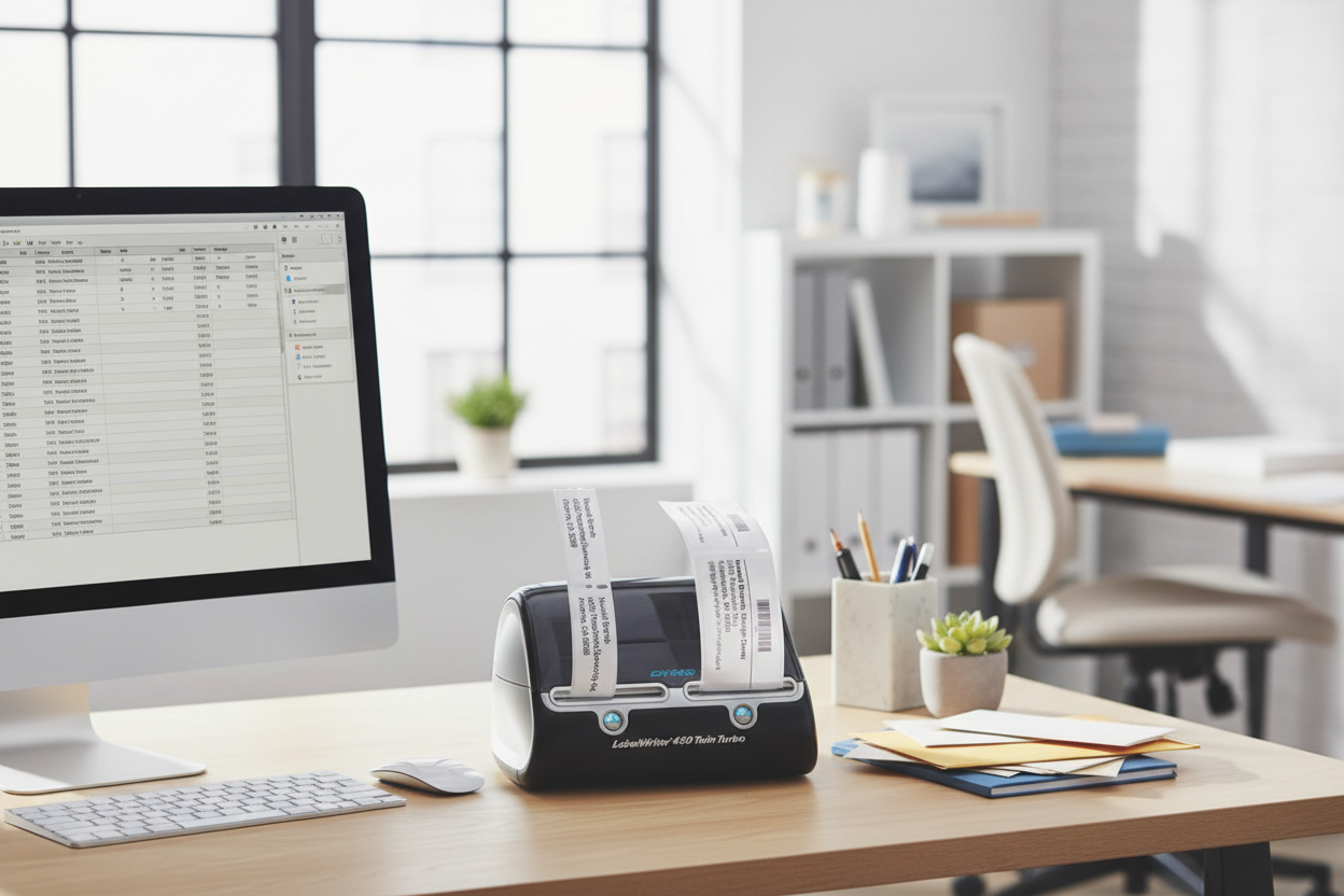 Office workspace with Dymo LabelWriter 450 Twin Turbo printing Dymo labels