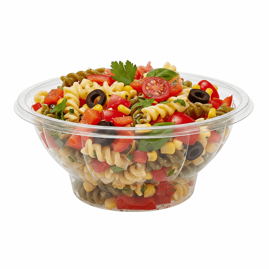 Pasta salad in round dome container