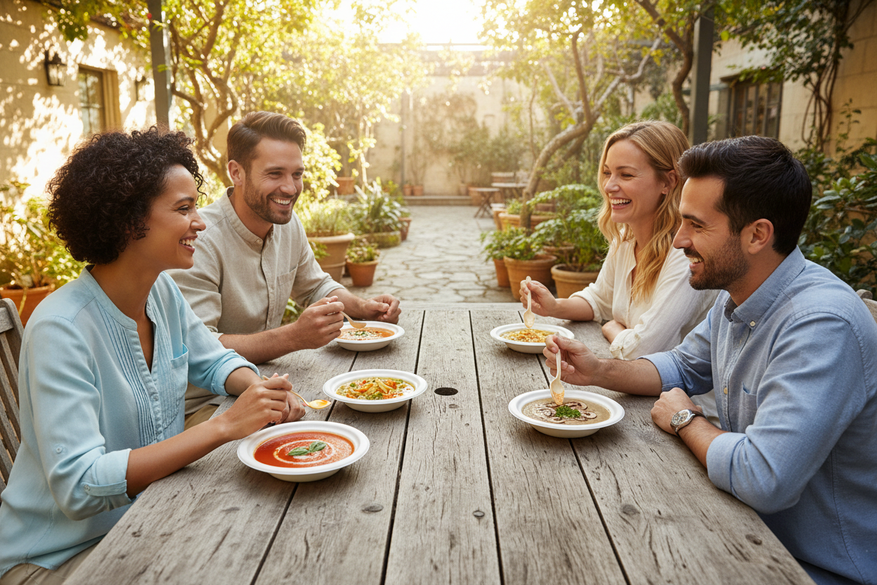 People enjoying different soups in bagasse bowls at outdoor wooden table
