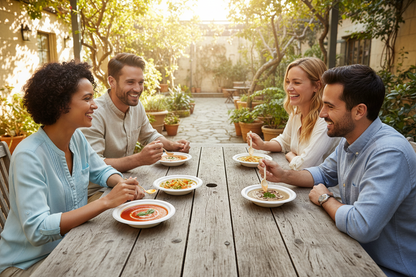 People enjoying different soups in bagasse bowls at outdoor wooden table