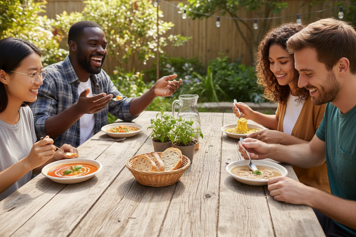 People enjoying different soups in unbleached pulp bowls at outdoor wooden table