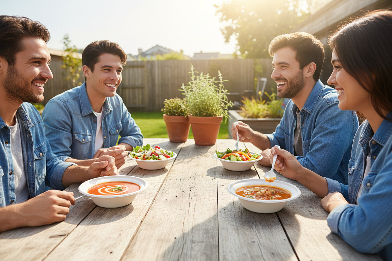 People enjoying soups and salads in wide rim bagasse bowls at outdoor wooden table