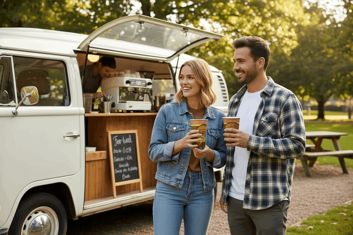 People holding Fresh & Hot branded coffee cups beside a mobile coffee van