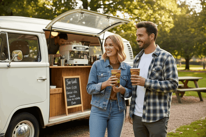 People holding Fresh & Hot branded coffee cups beside a mobile coffee van