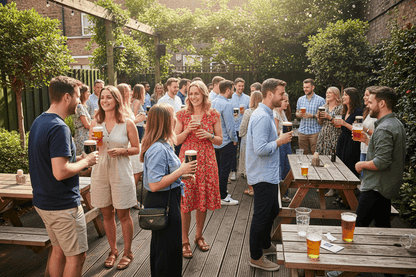 People in beer garden with pint flexi glasses