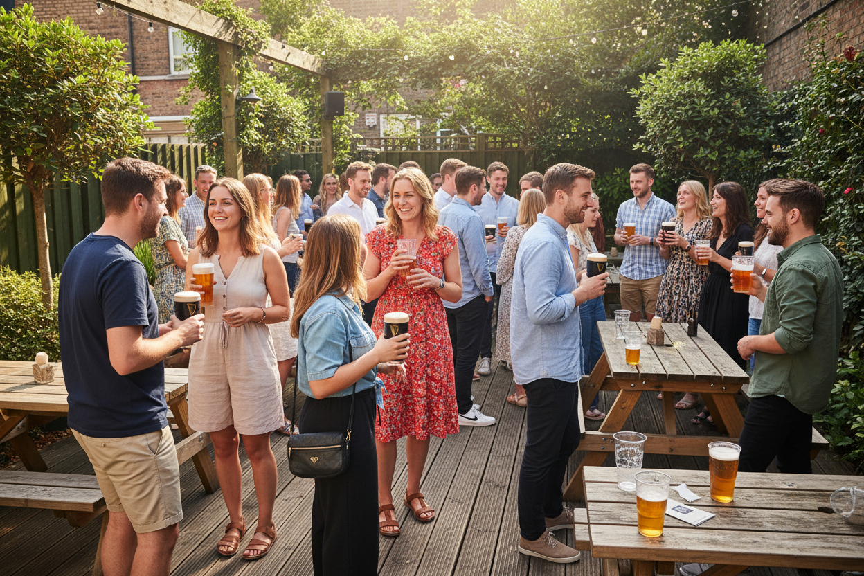 People in beer garden with pint flexi glasses