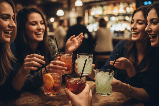 People in pub drinking cocktails with black straws