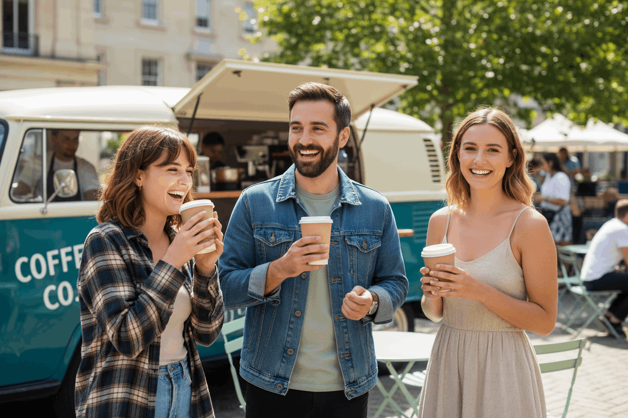 People standing near a mobile coffee van holding kraft double wall paper cups