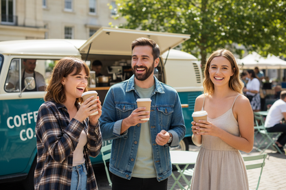 People standing near a mobile coffee van holding kraft double wall paper cups