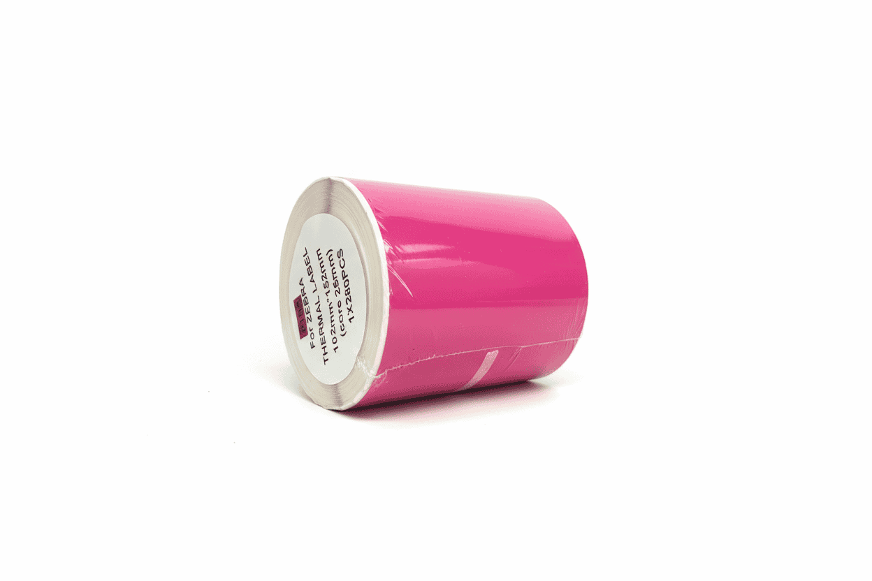 1 Roll of Zebra 102 x152mm (4x6") Pink Label on a white backlground
