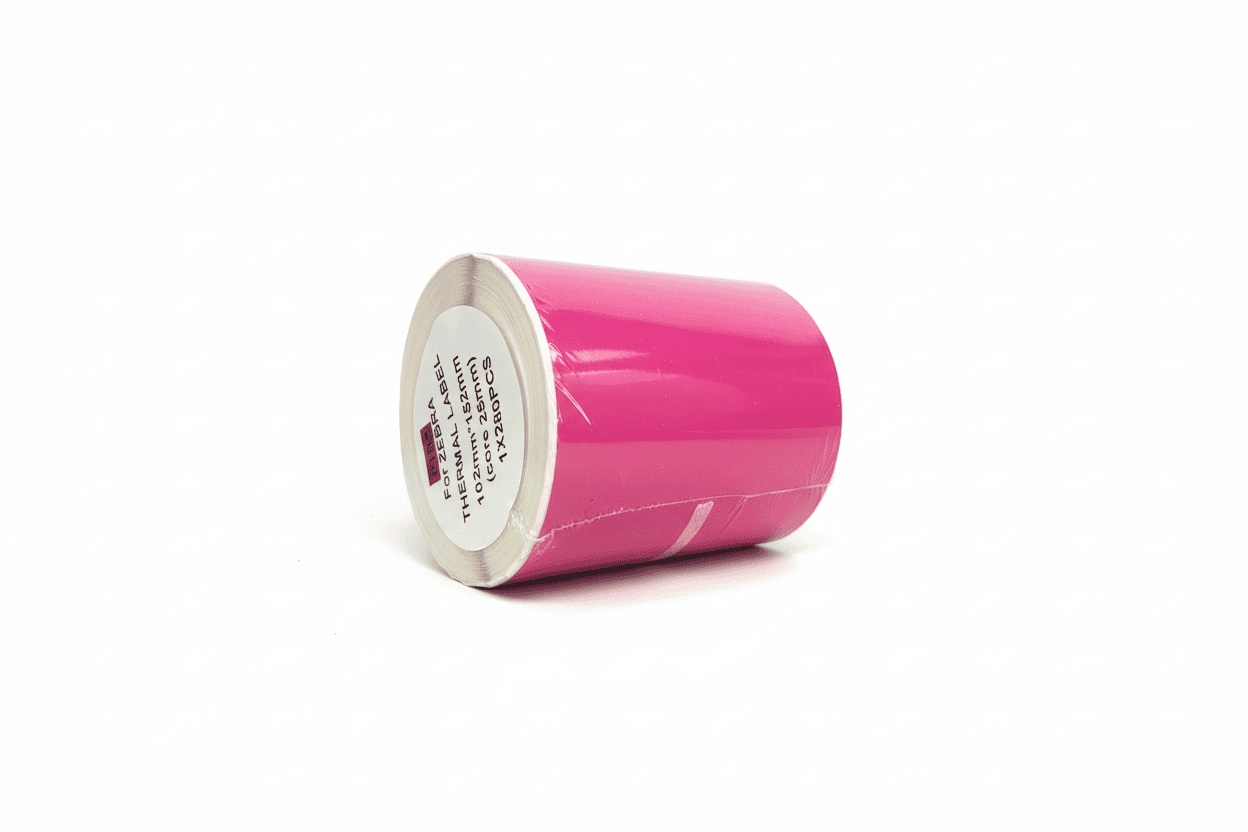 1 Roll of Zebra 102 x152mm (4x6") Pink Label on a white backlground