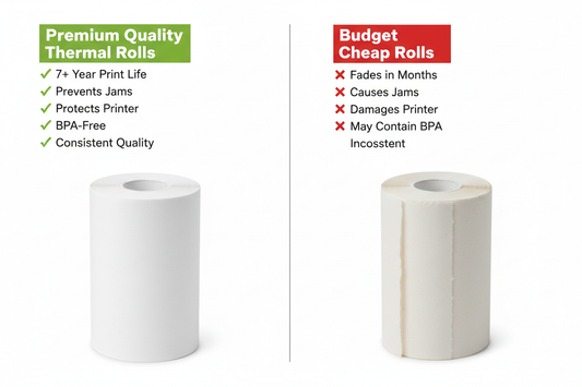 Comparison of premium quality thermal rolls and budget cheap rolls on a white background.