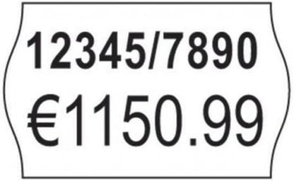 White 26mm x 16mm double line price gun label printed with a product code and euro price