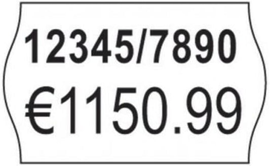 White 26mm x 16mm double line price gun label printed with a product code and euro price