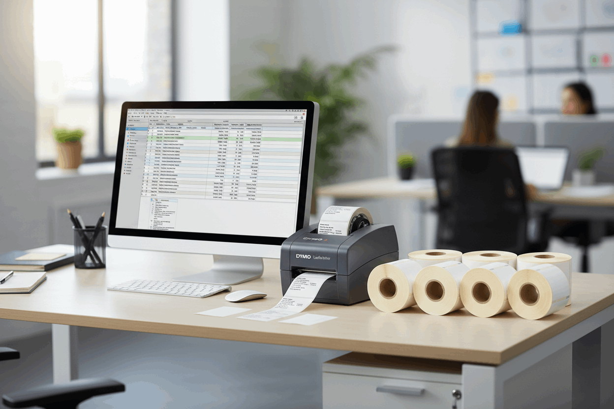 Professional office desk with DYMO LabelWriter printer printing labels and 5 rolls of DYMO 99010 compatible labels